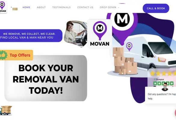 Picture of a website for a local removal service , when hover an animation turns the picture blue displaying the text: Logistics - Movan.uk Brand & Artwork